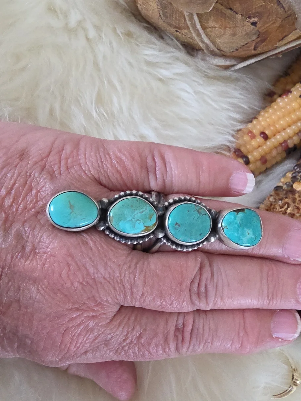 Fantastic NWT Native American Navajo Tyrone Turquoise 4 Stone Crawler Ring 🩵🎁